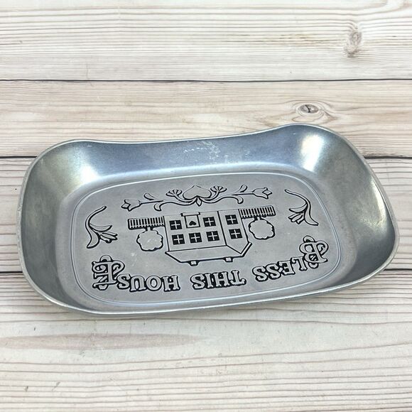 Vintage WILTON ARMETALE Metal Serving Dish Bread Tray 'Bless This House' 11"x7" - Picture 5 of 12